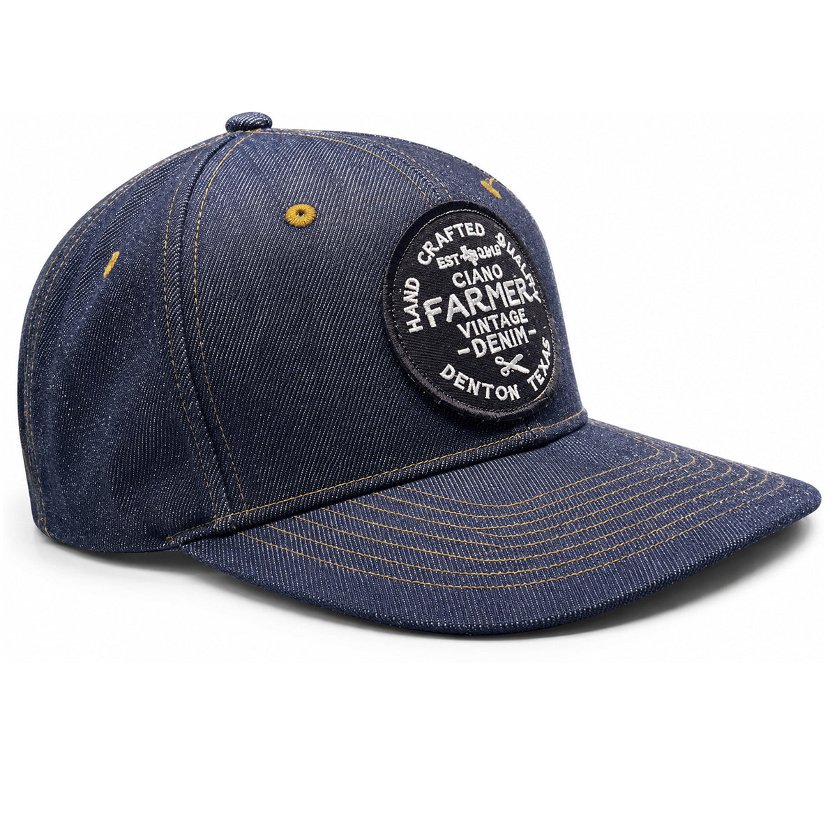 14oz Cone Mills Denim Snapback HAT CFDCo Round Black Shop Patch - Mid Crown