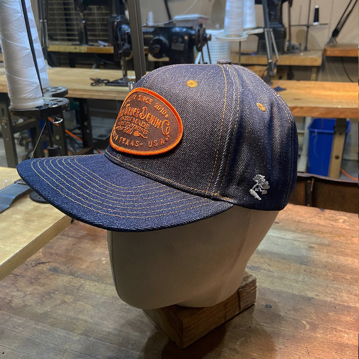 14oz Cone Mills Denim Snapback HAT CFDCo Orange Shop Patch - Mid Crown