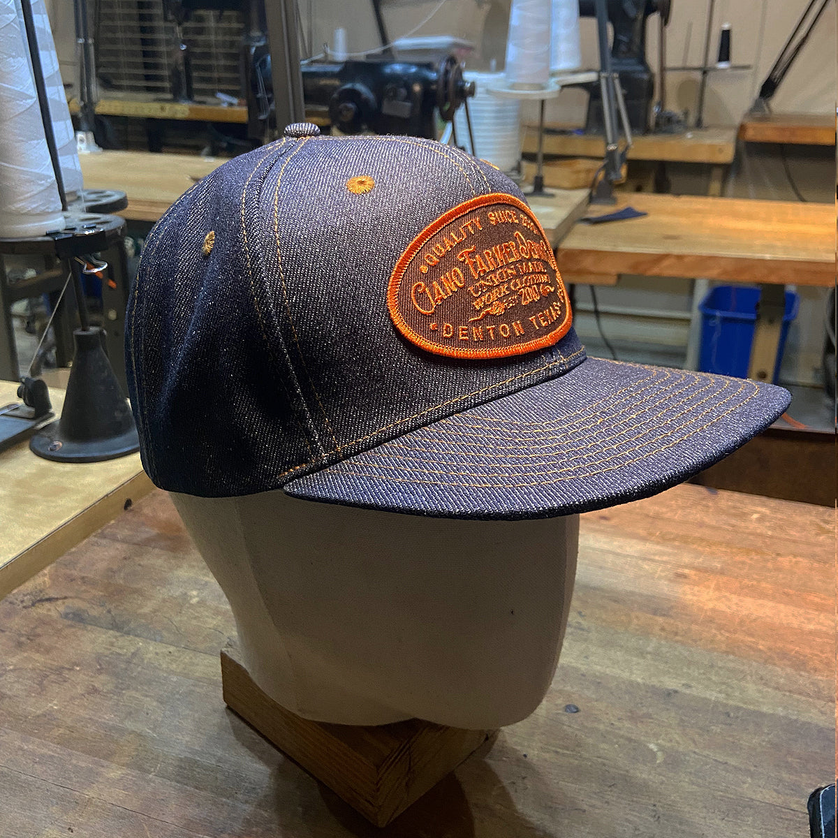 14oz Cone Mills Denim Snapback HAT CFDCo Orange Shop Patch - Mid Crown
