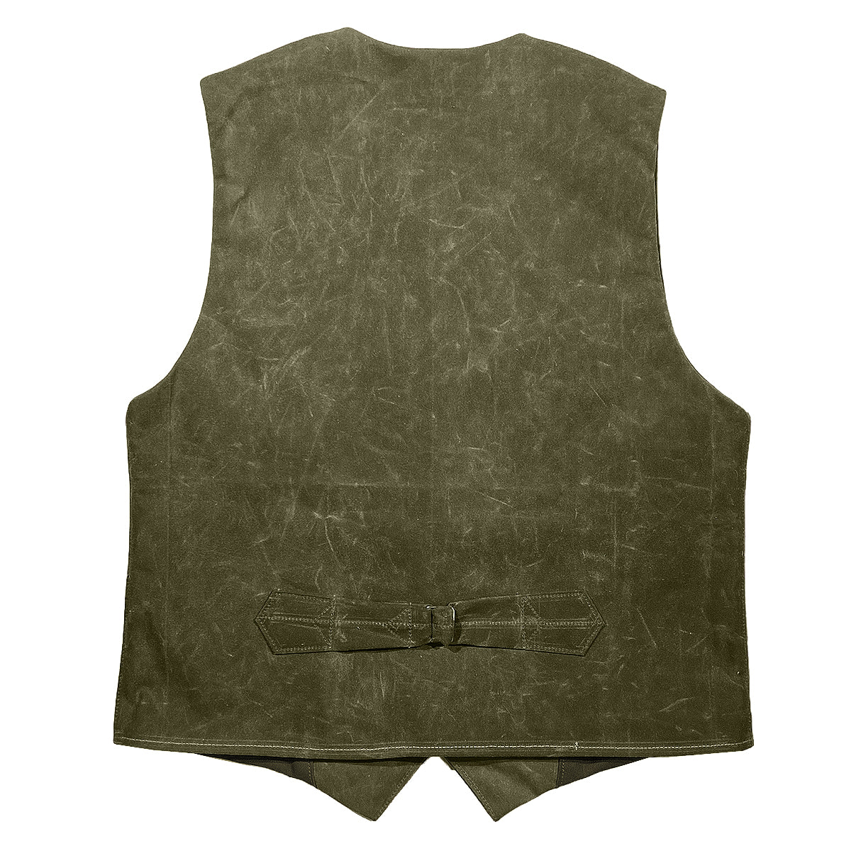 A green waxed canvas waistcoat with multiple pockets and a button-up 