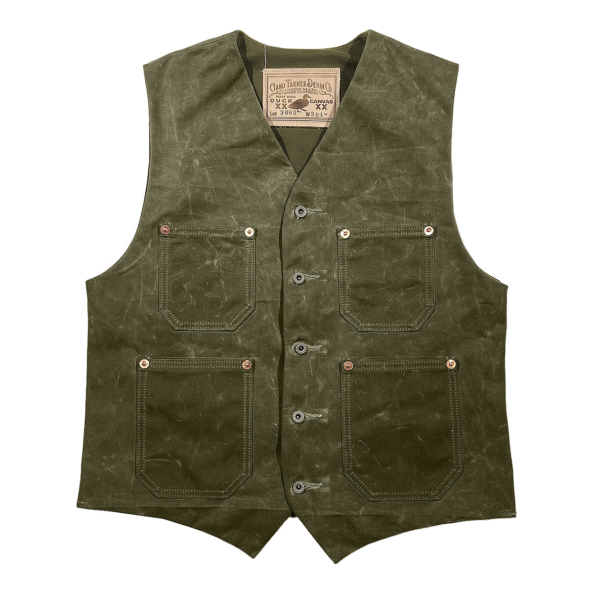 A green waxed canvas waistcoat with multiple pockets and a button-up front.