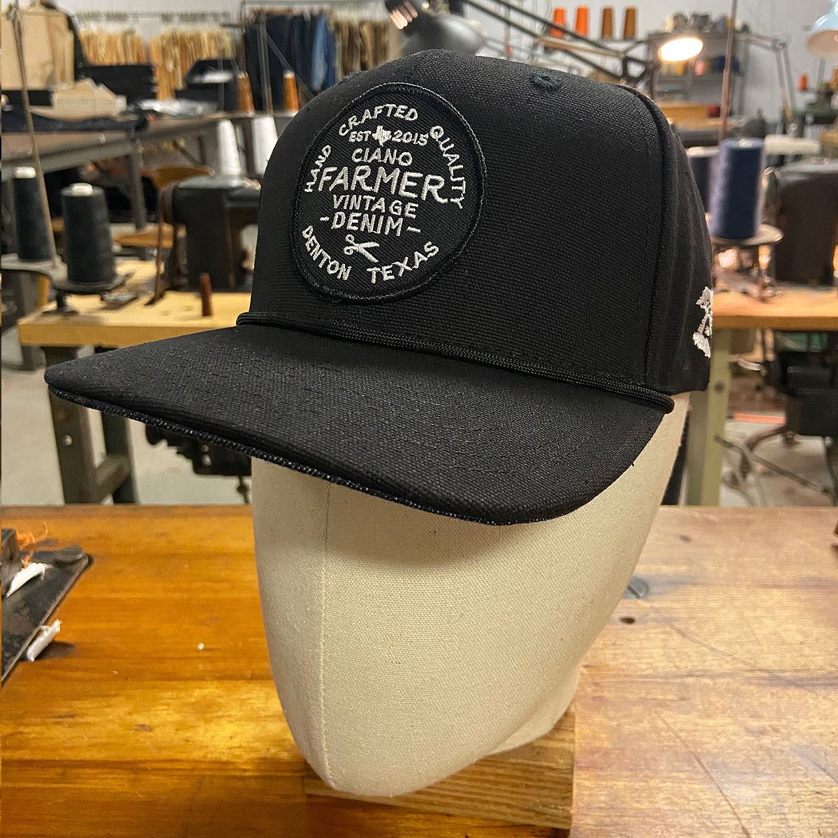 18oz USA Duck Canvas Snapback HAT Black Round Shop Patch - Mid Crown