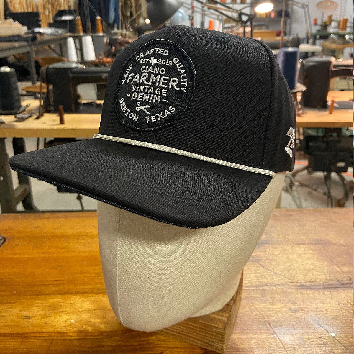18oz USA Duck Canvas Snapback HAT Black Round Shop Patch - Mid Crown