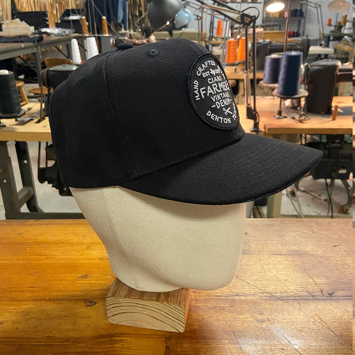 18oz USA Duck Canvas Snapback HAT Black Round Shop Patch - Mid Crown