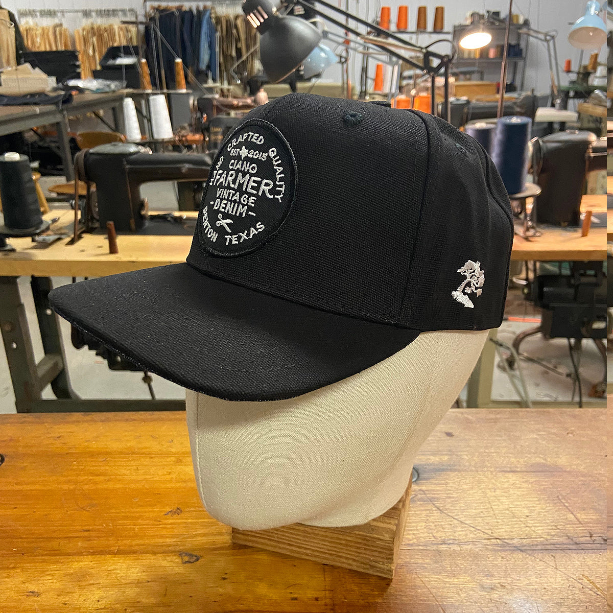 18oz USA Duck Canvas Snapback HAT Black Round Shop Patch - Mid Crown