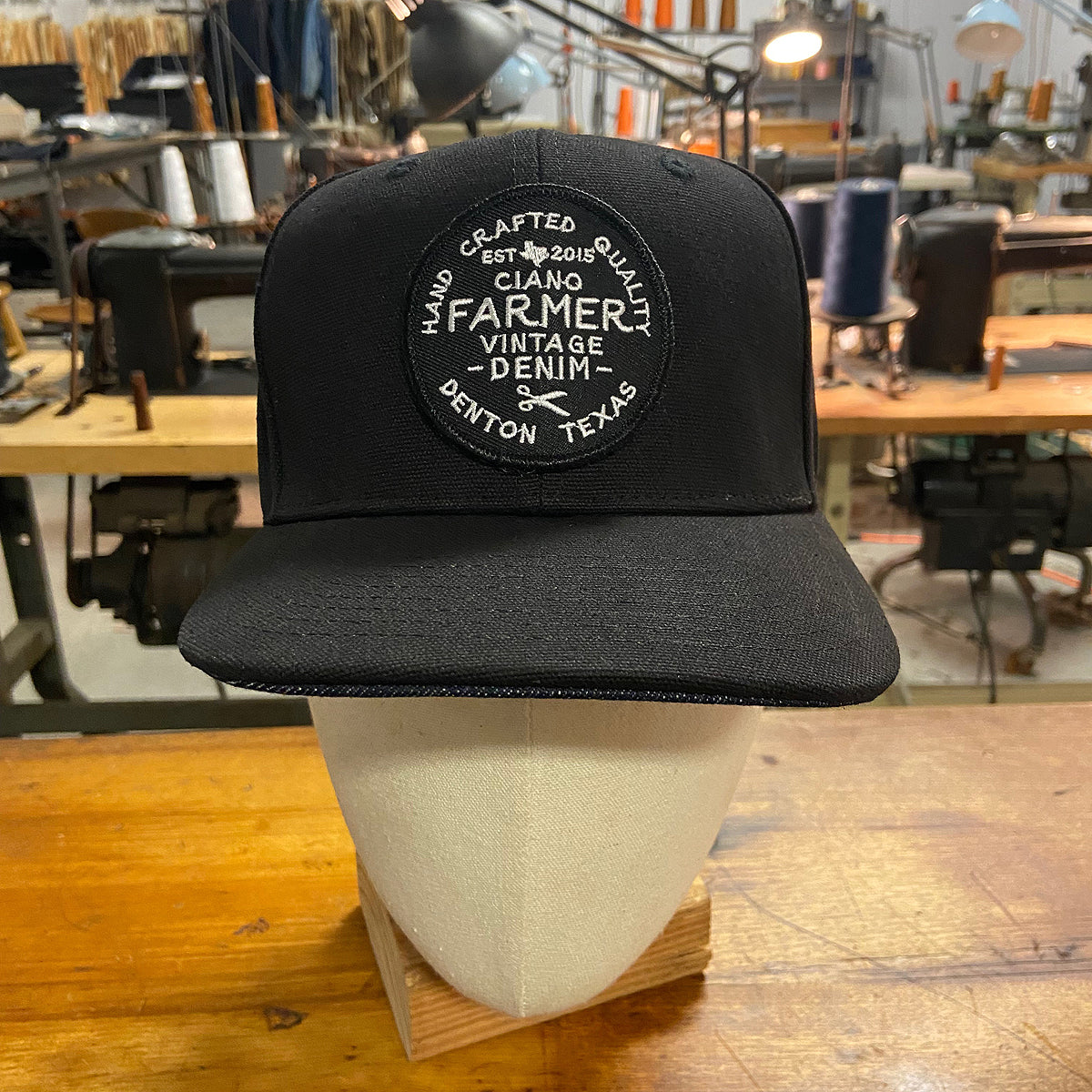 18oz USA Duck Canvas Snapback HAT Black Round Shop Patch - Mid Crown