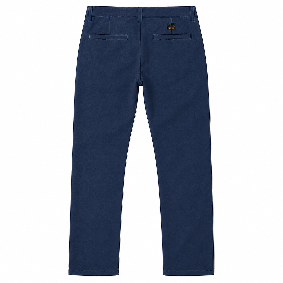 A pair of navy blue straight-leg pants shown from the back, featuring two rear patch pockets and a small brown embroidered logo on the upper right side, set against a plain white background.