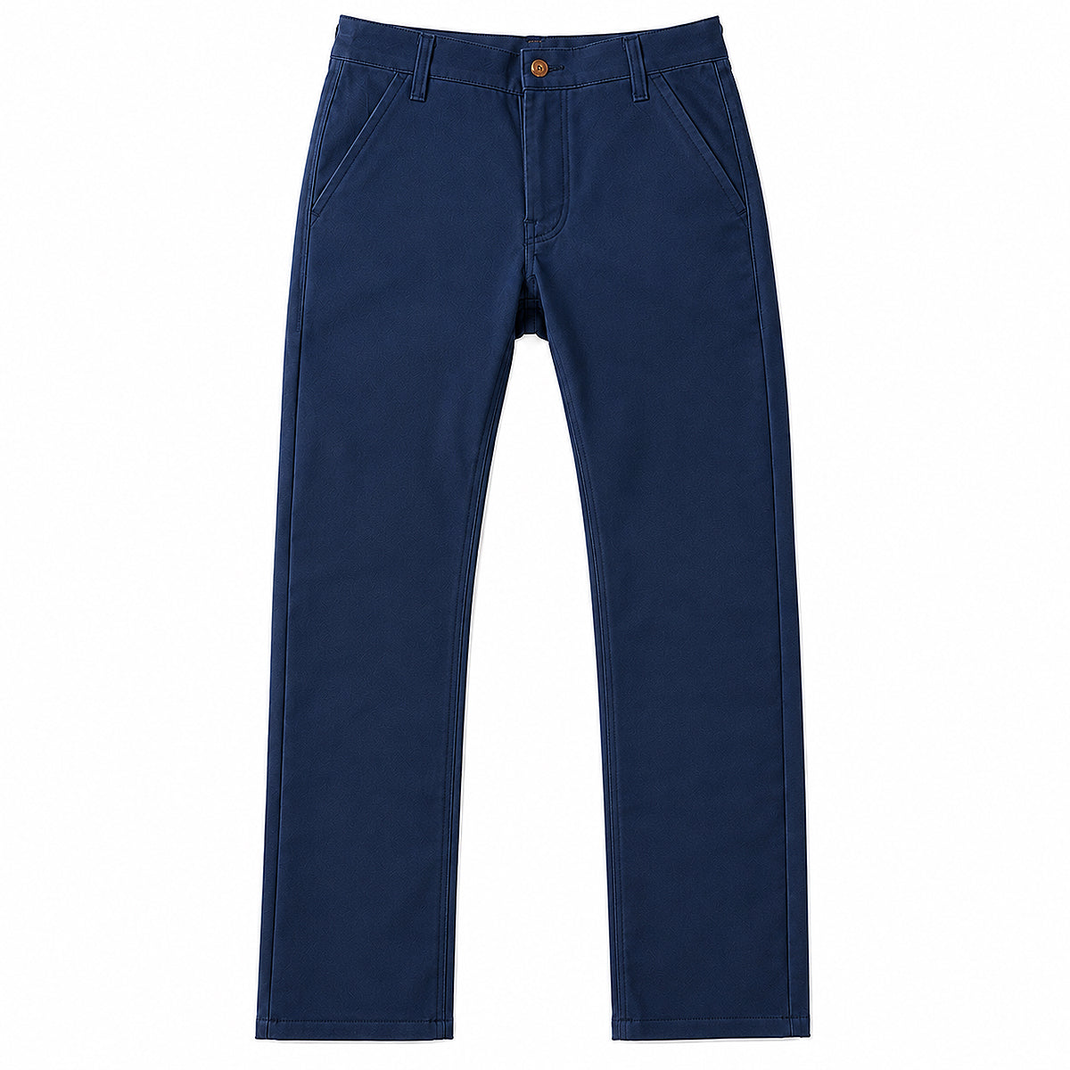 A pair of navy blue straight-leg pants shown flat against a solid white background.