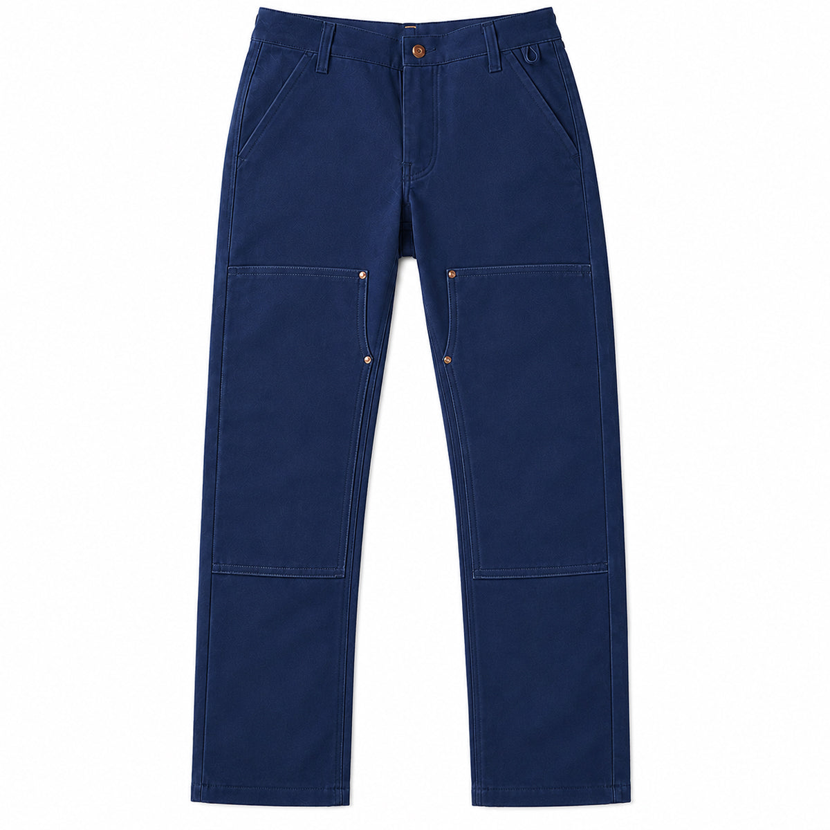 A pair of dark navy blue work pants with multiple utility pockets and brass rivets, shown flat against a solid white background.