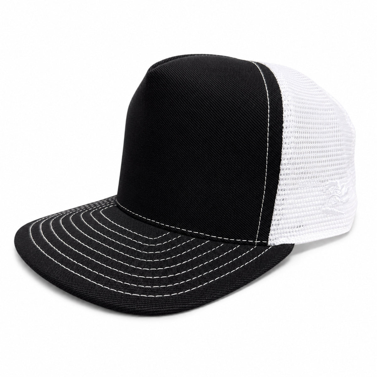 #6501 Japanese Double Black Denim/Mesh Snapback HAT 5 Panel- Mid Crown