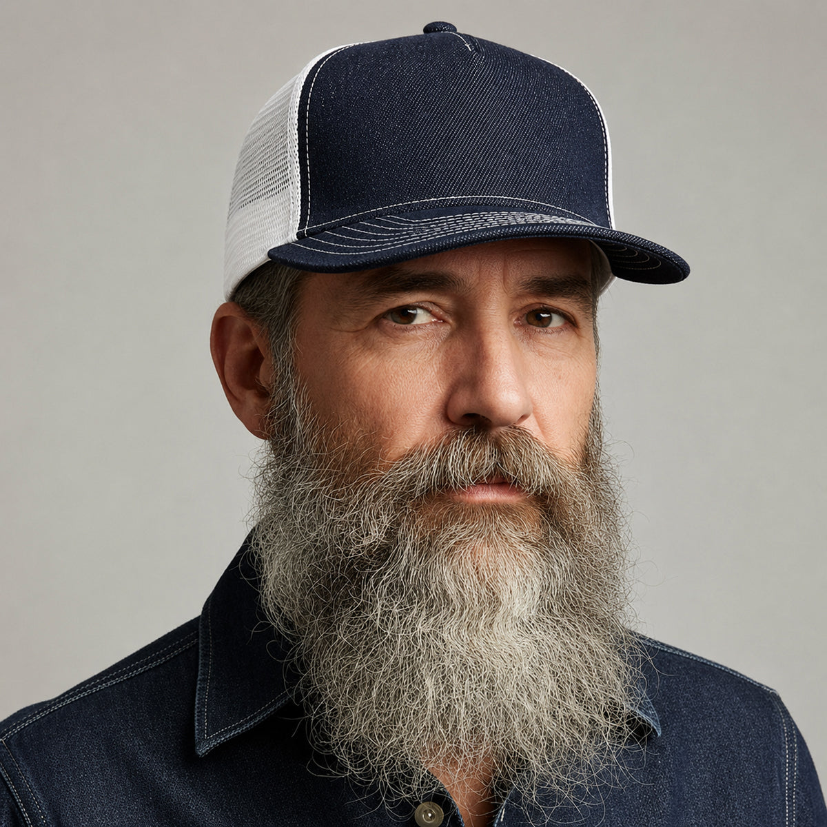 #080 Cone Mills Denim/Mesh Snapback HAT 5 Panel- Mid Crown