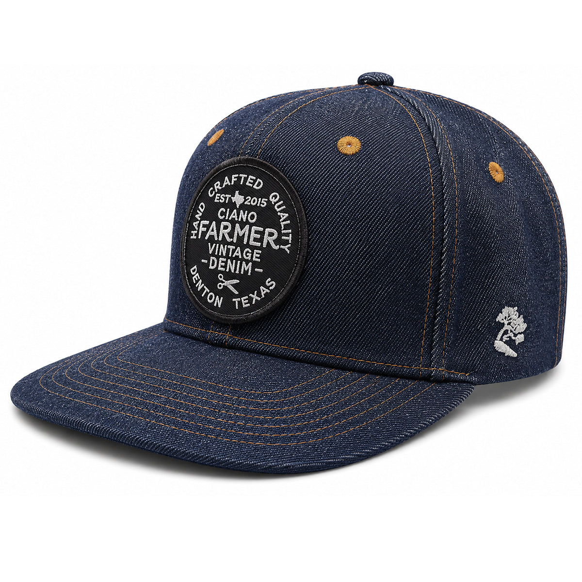14oz Cone Mills Denim Snapback HAT CFDCo Round Black Shop Patch - Mid Crown