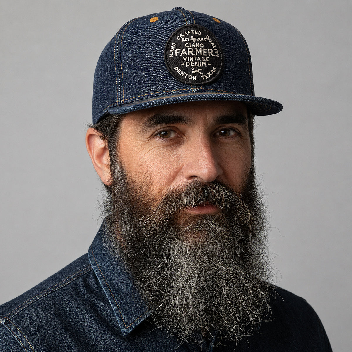 14oz Cone Mills Denim Snapback HAT CFDCo Round Black Shop Patch - Mid Crown