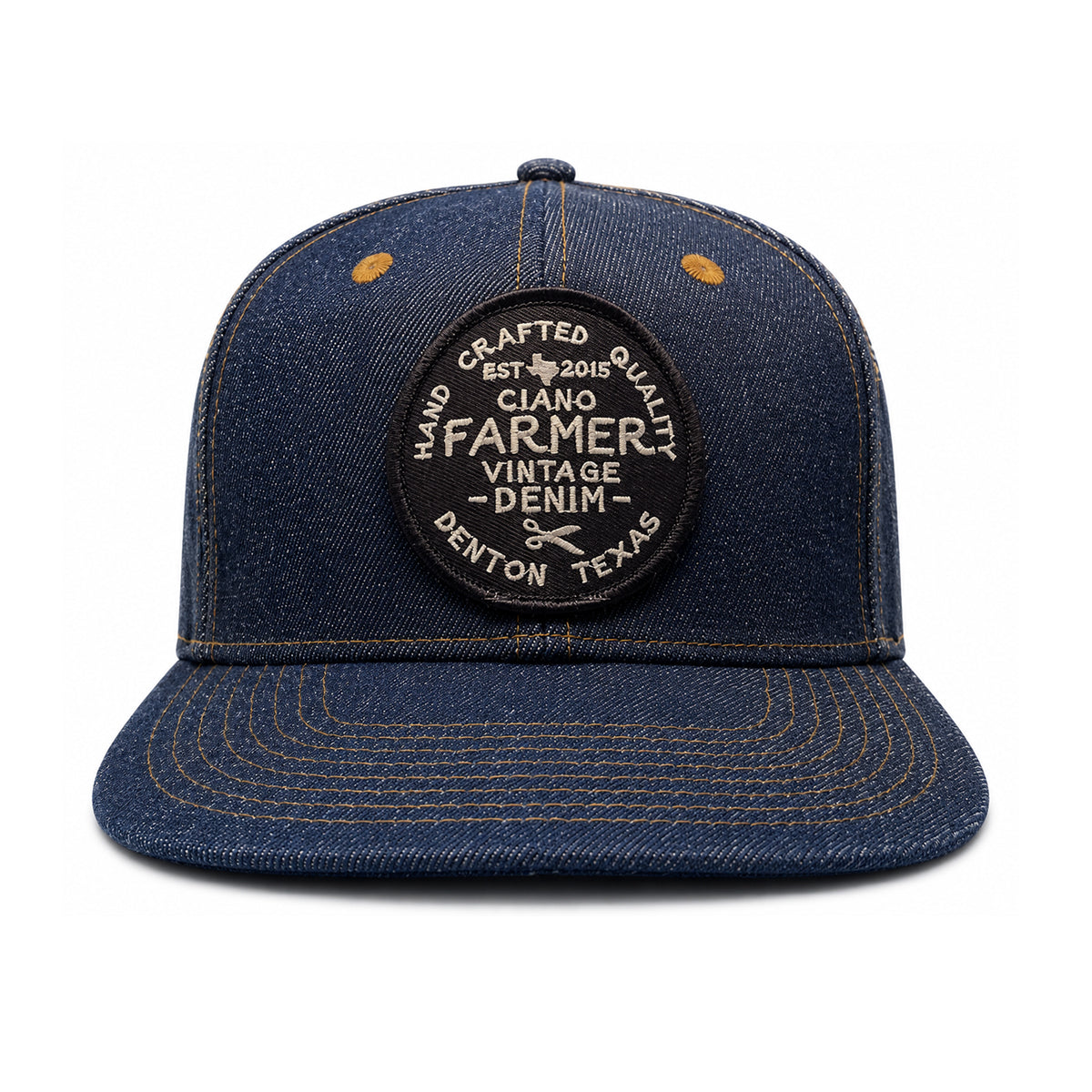 14oz Cone Mills Denim Snapback HAT CFDCo Round Black Shop Patch - Mid Crown