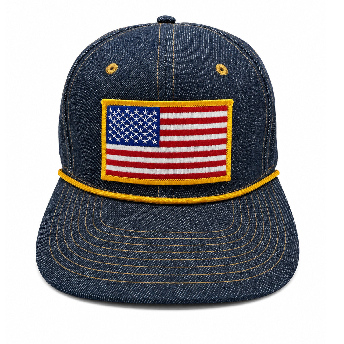 14oz Cone Mills Denim Snapback HAT "USA Flag" Patch-Mid Crown