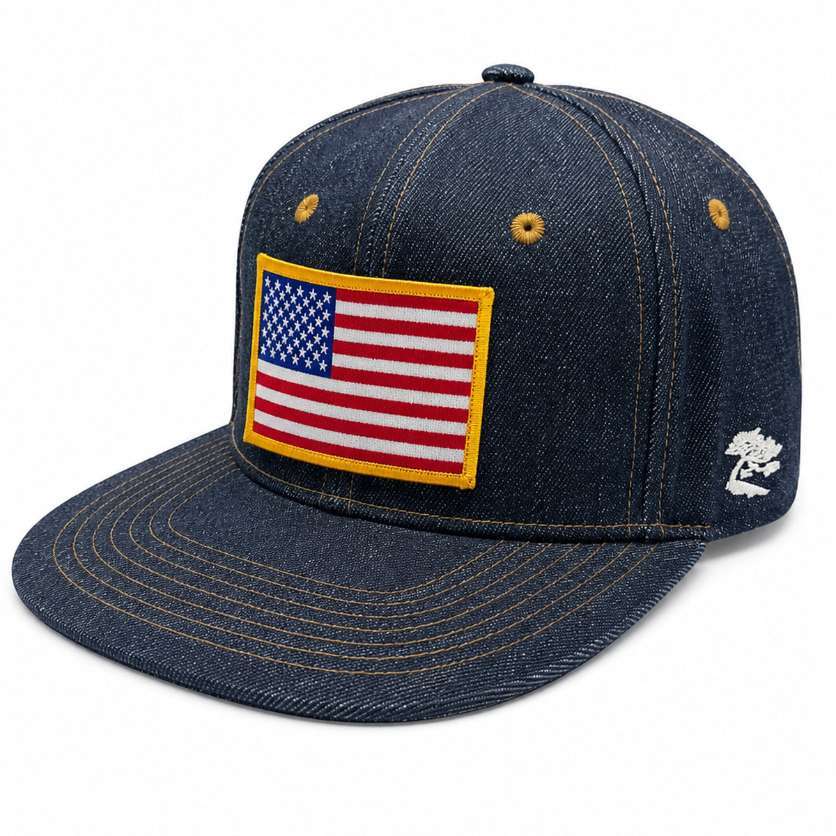 14oz Cone Mills Denim Snapback HAT "USA Flag" Patch-Mid Crown