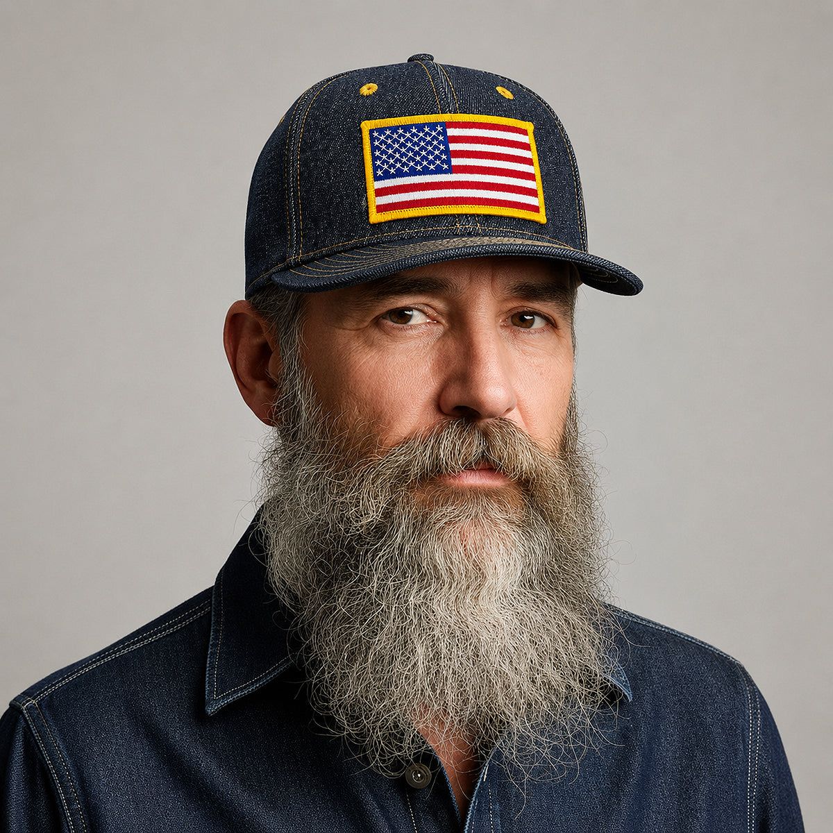 14oz Cone Mills Denim Snapback HAT "USA Flag" Patch-Mid Crown