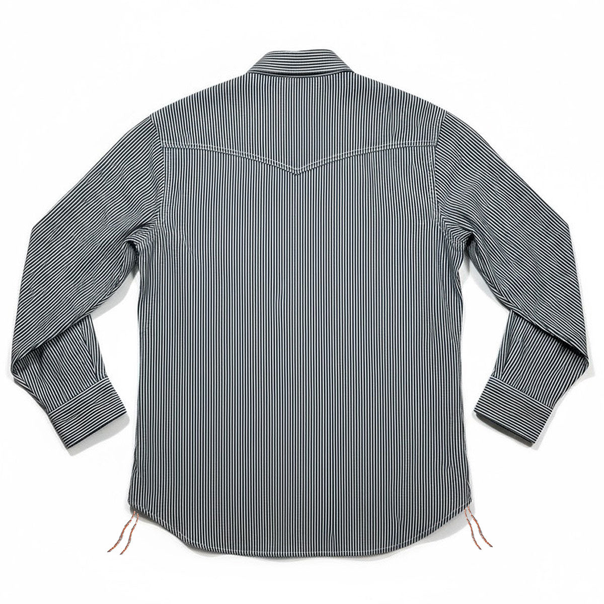 navy and white hickory striped shirt on a white background