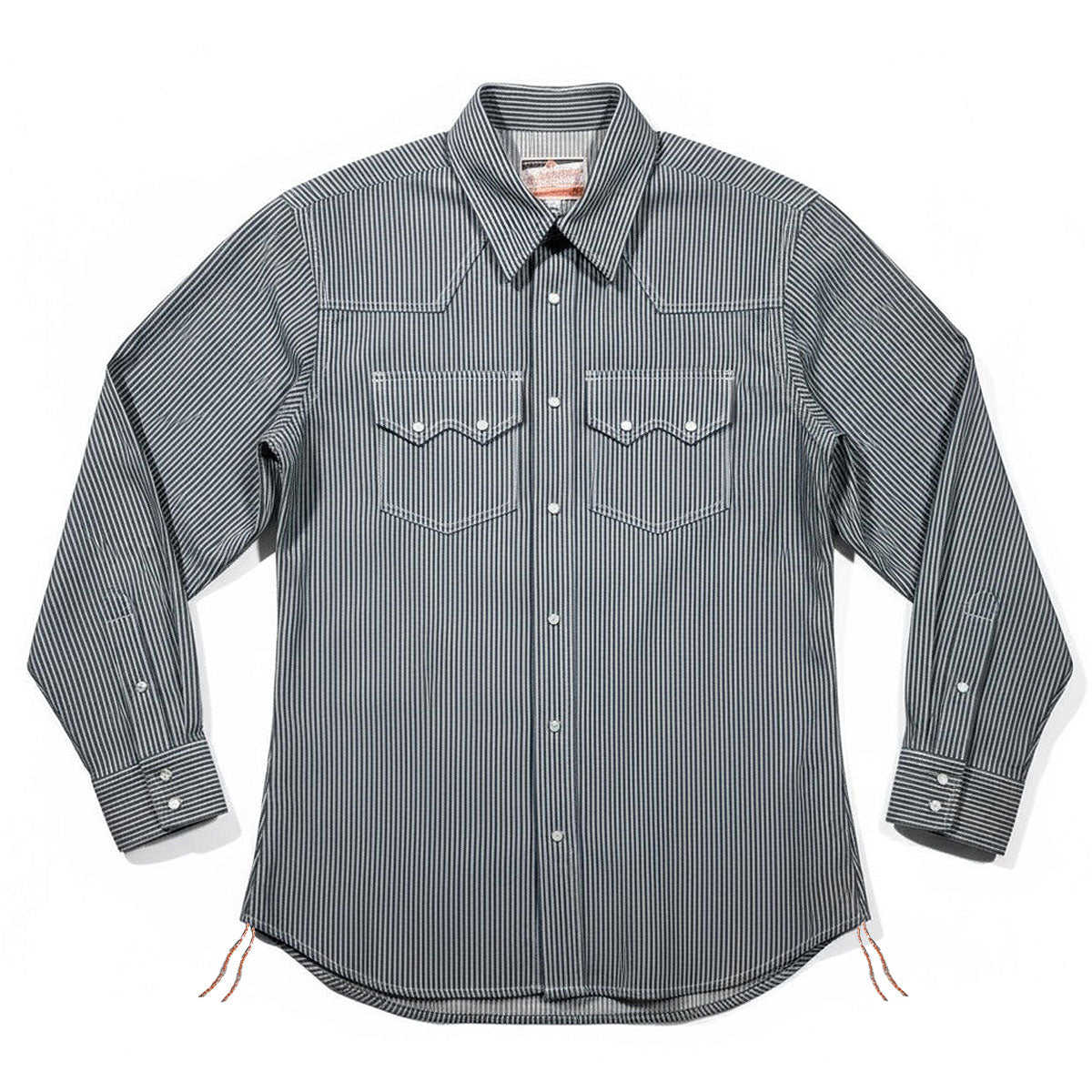 Gray and white hickory striped shirt with two front pockets on a white background