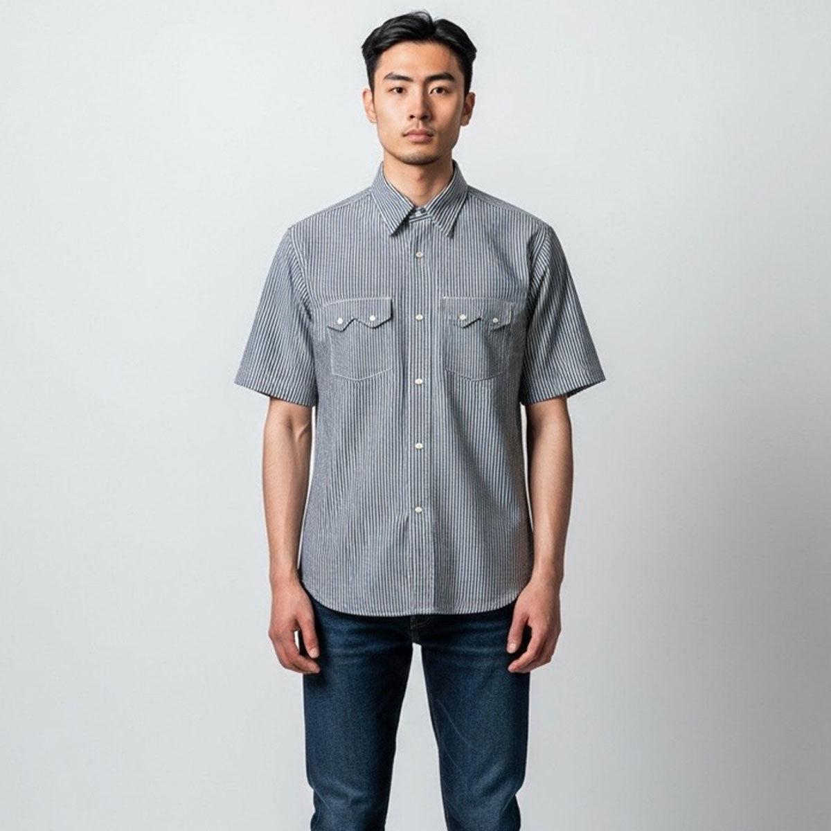 #HIC 10oz MV Mills Hickory Stripe Saw Tooth Work Shirt Short Sleeve