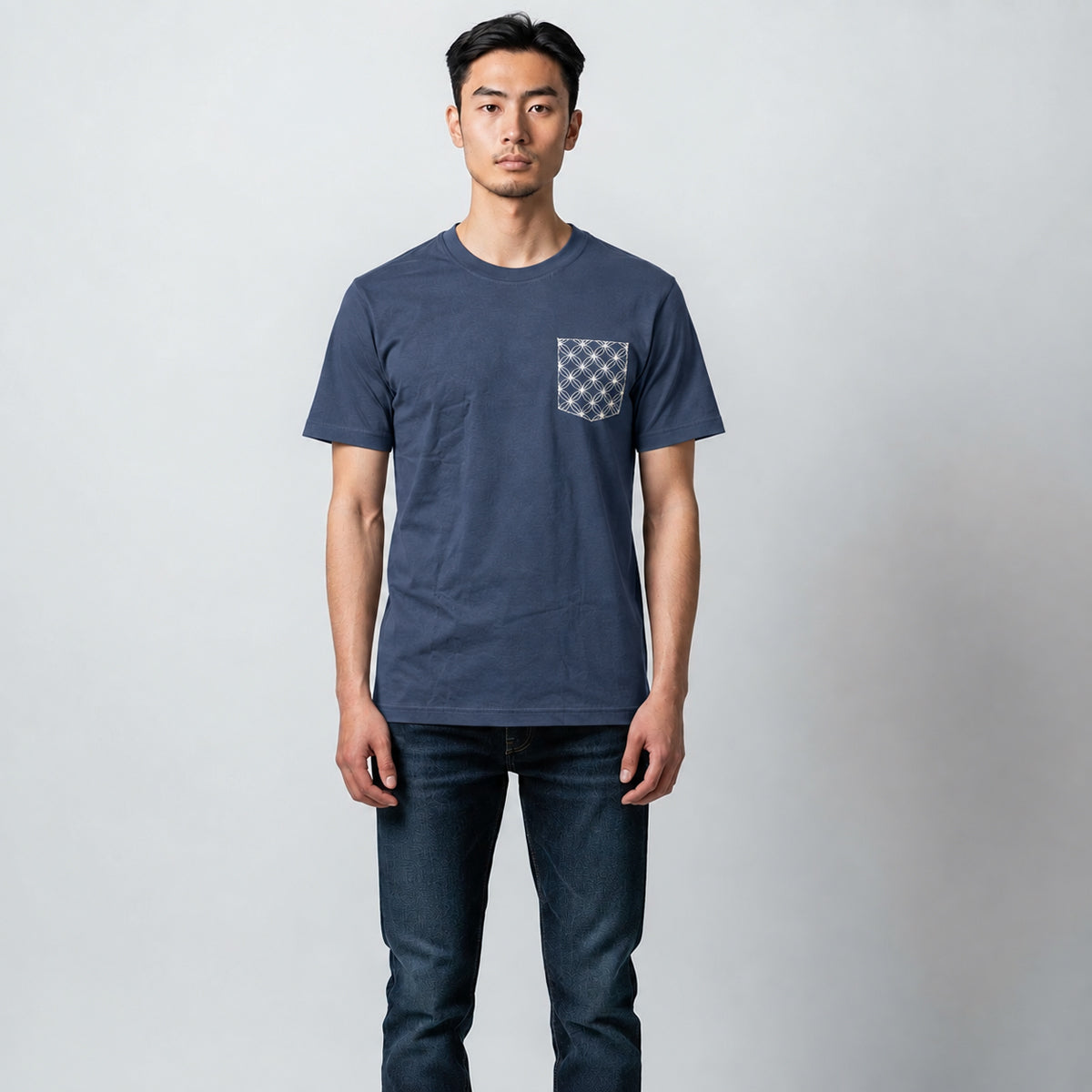 8.4oz TEXAS MADE "HEAVY ORGANIC" Crew Neck Indigo Sashiko Mock Pocket
