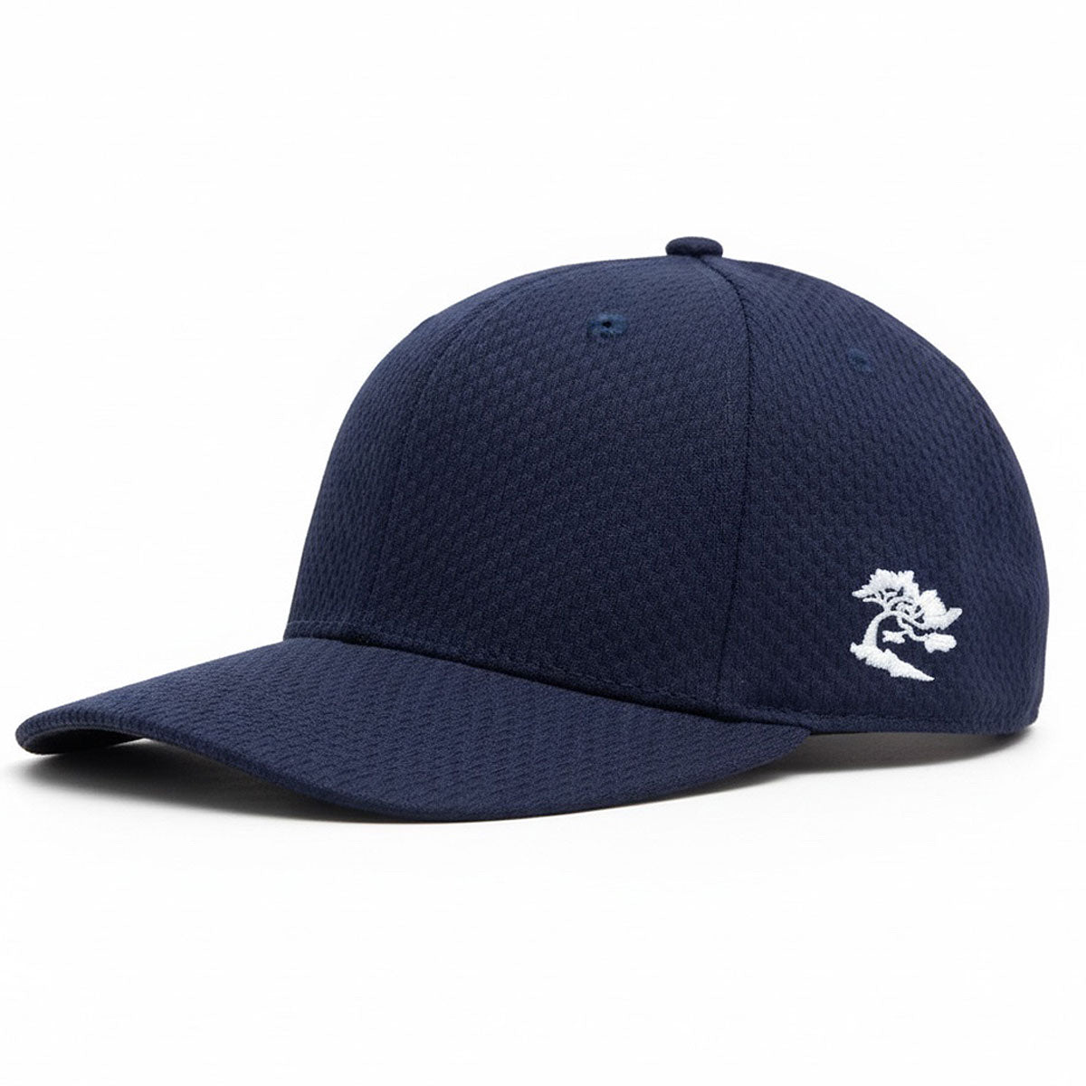 Navy blue cap with a white logo on a white background