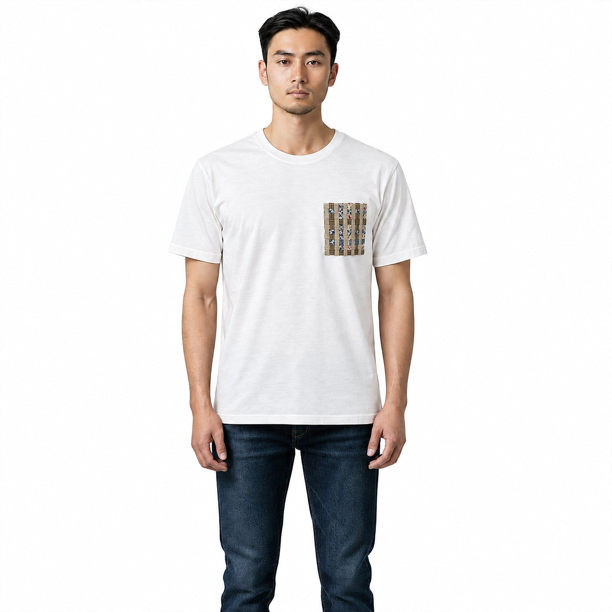 6oz Texas SUPIMA® Cotton Crew Neck White Sakiori patchwork pocket