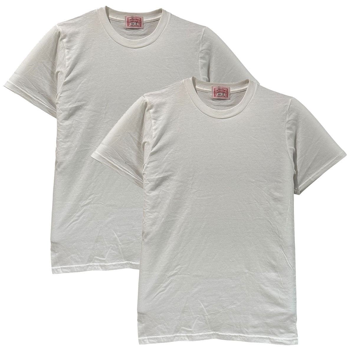 Two plain white t-shirts on a white background
