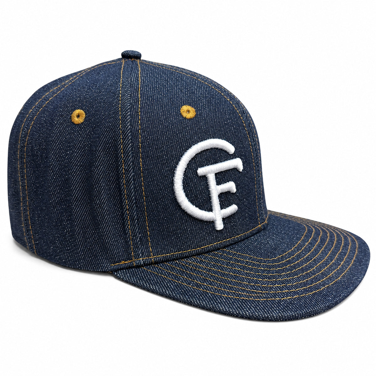 14oz Cone Mills Denim Snapback HAT CFDCo Cattle 3D Embroidery TM Logo  - Mid Crown