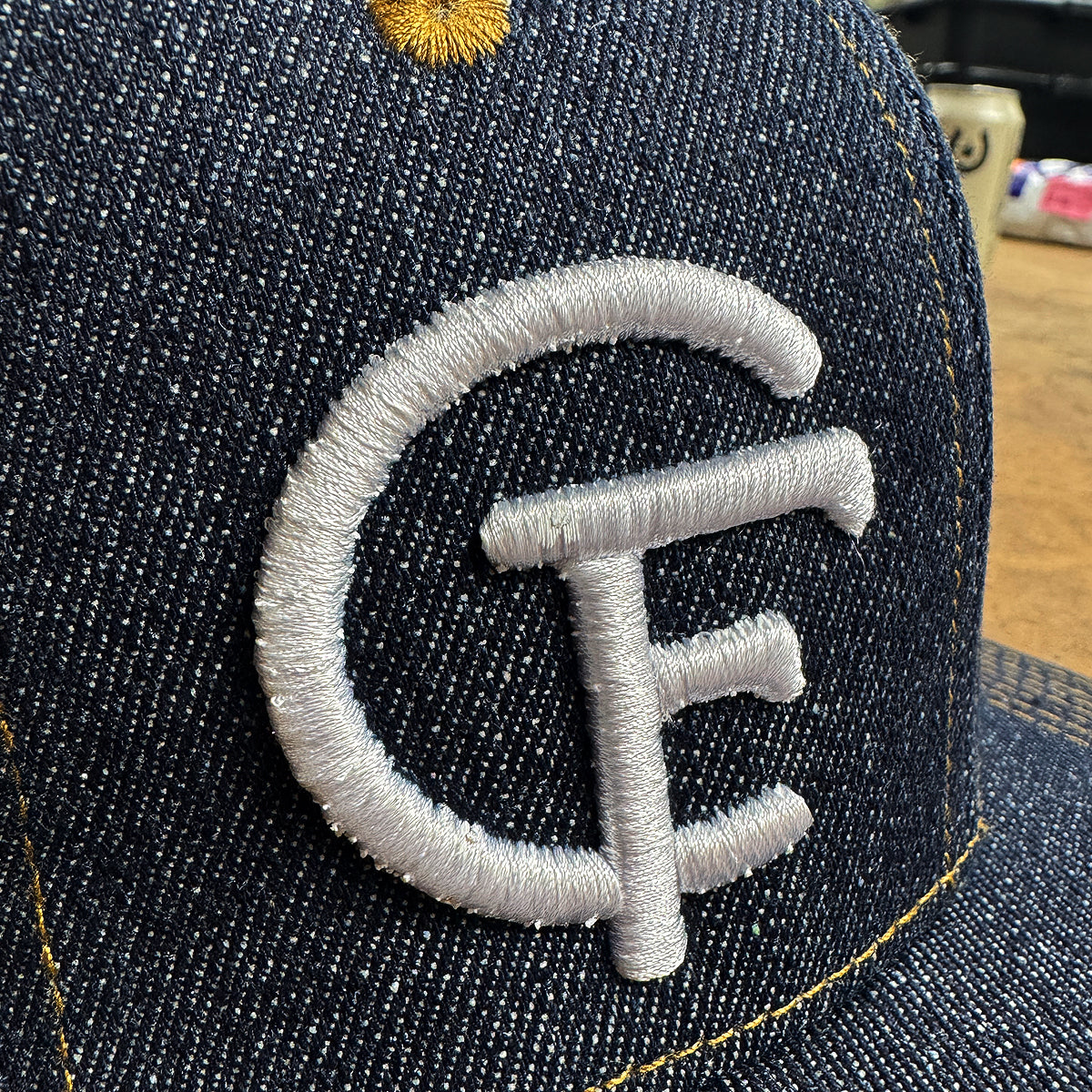 14oz Cone Mills Denim Snapback HAT CFDCo Cattle 3D Embroidery TM Logo  - Mid Crown