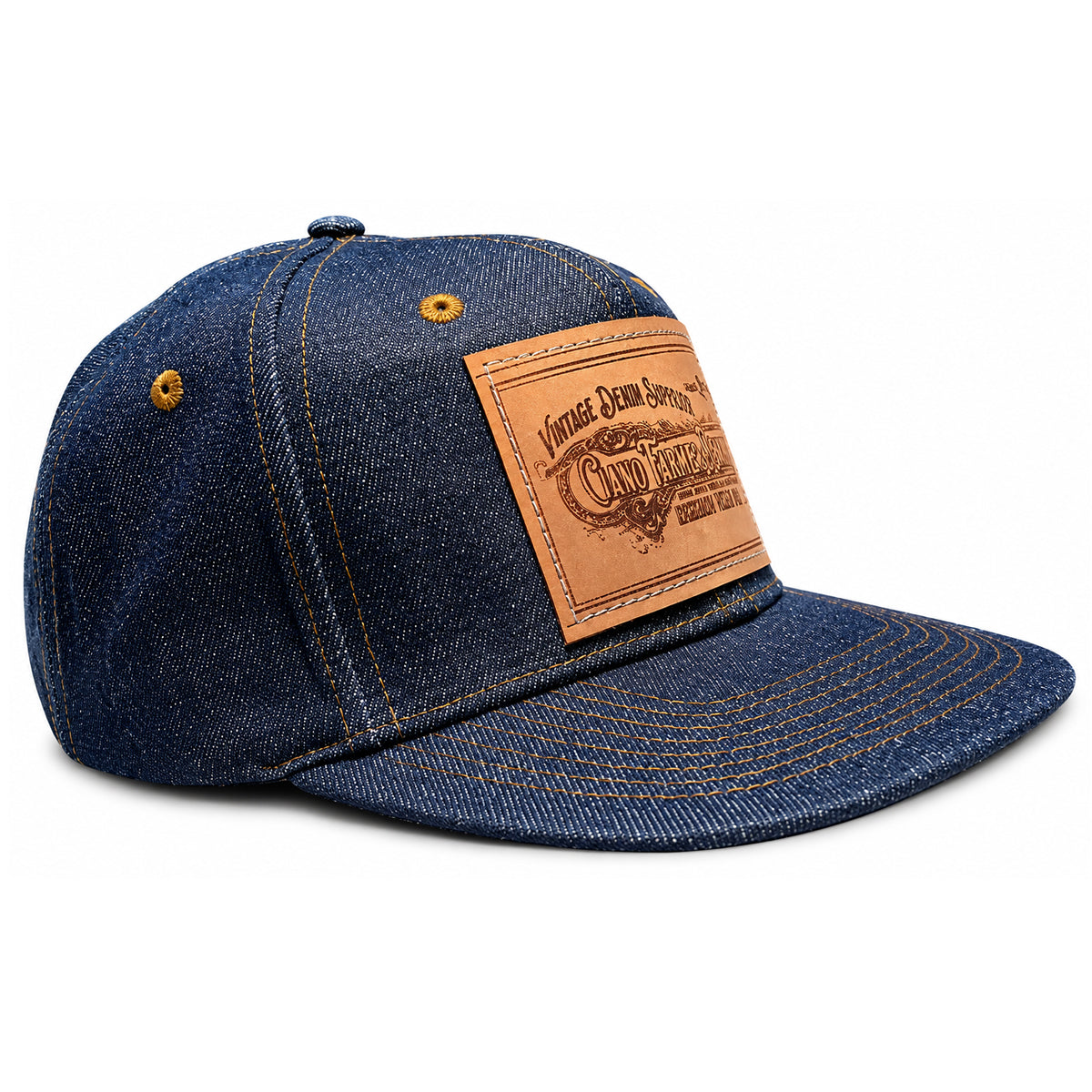 14oz Cone Mills Denim Snapback HAT CFDCo Veg Tan Leather Patch - Mid Crown