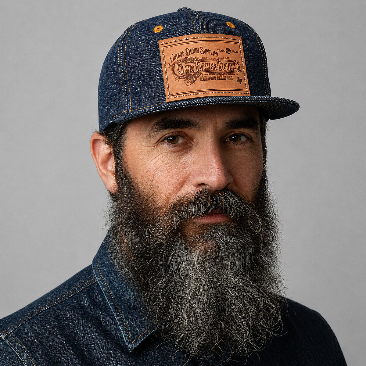 14oz Cone Mills Denim Snapback HAT CFDCo Veg Tan Leather Patch - Mid Crown