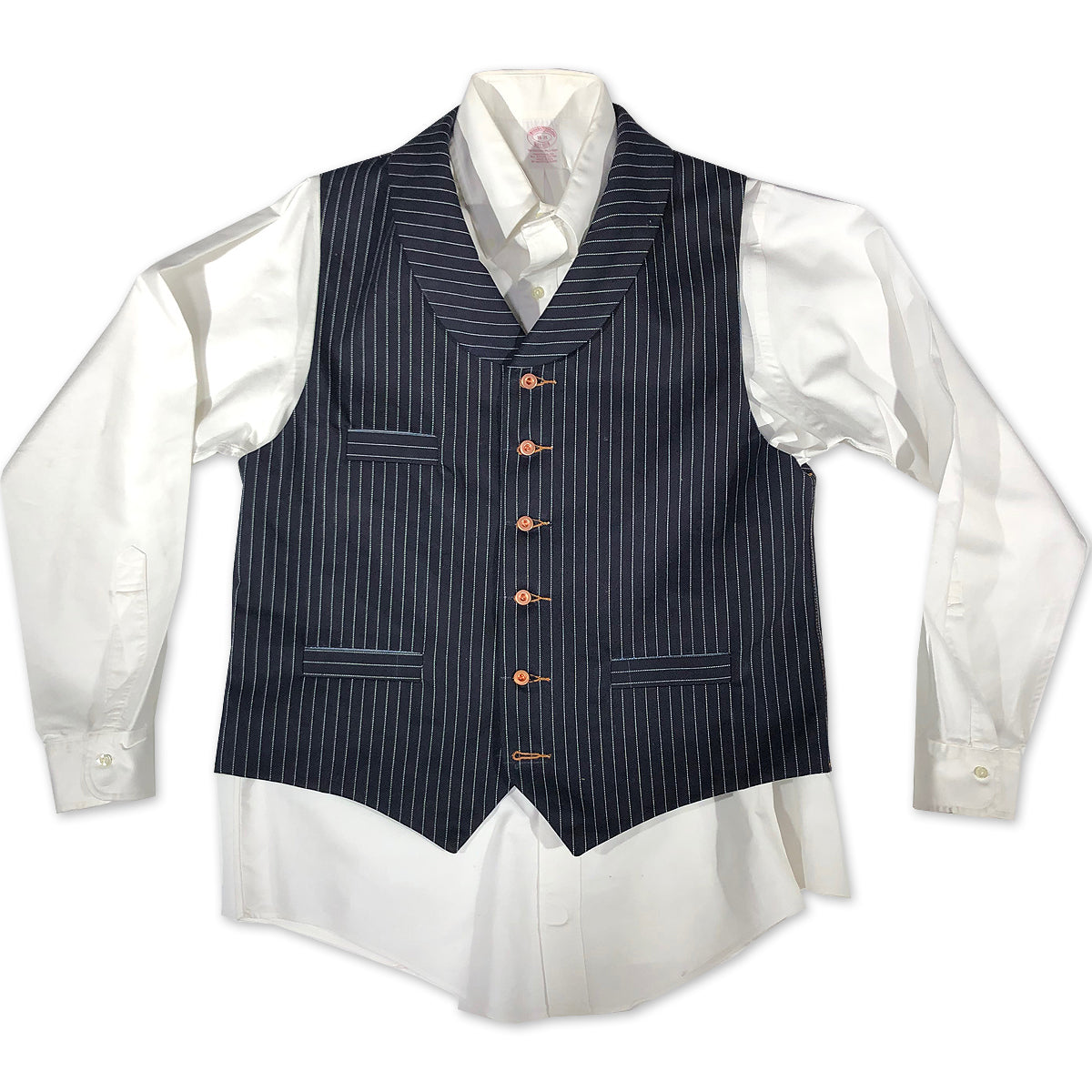 A striped Japanese indigo waistcoat with white collar and cuffs, featuring button details and a V-neckline.
