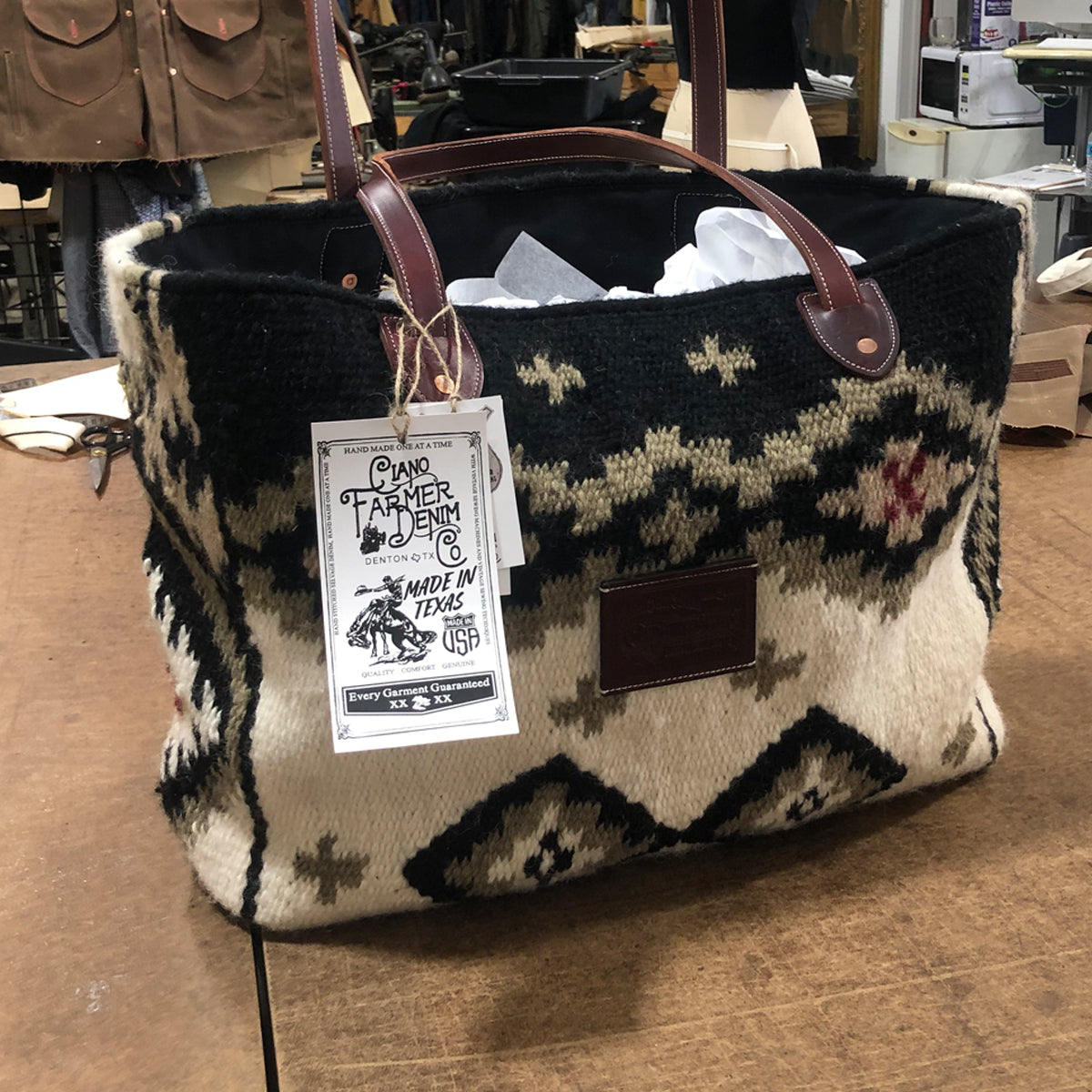Hand Woven 100% WOOL Southwestern Tote Bag Black Cream